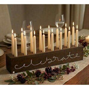 Celebrate Wooden Taper Candle Holder Centerpiece - 16 Hole Script Block - 16" Lo